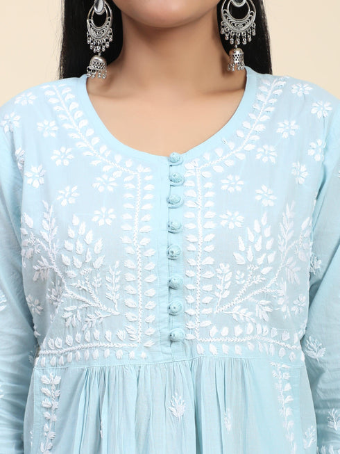 Chikankari Hand embroidery Round neck Dress with Pocket- Sky Blue